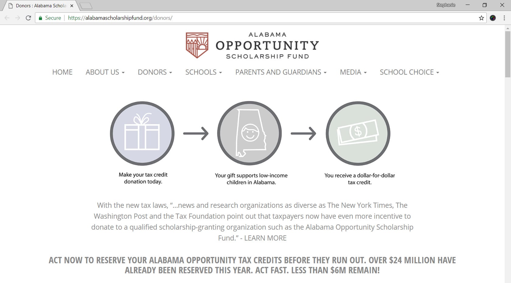 Alabama Opportunity Scholarship Fund Donors Page Screenshot