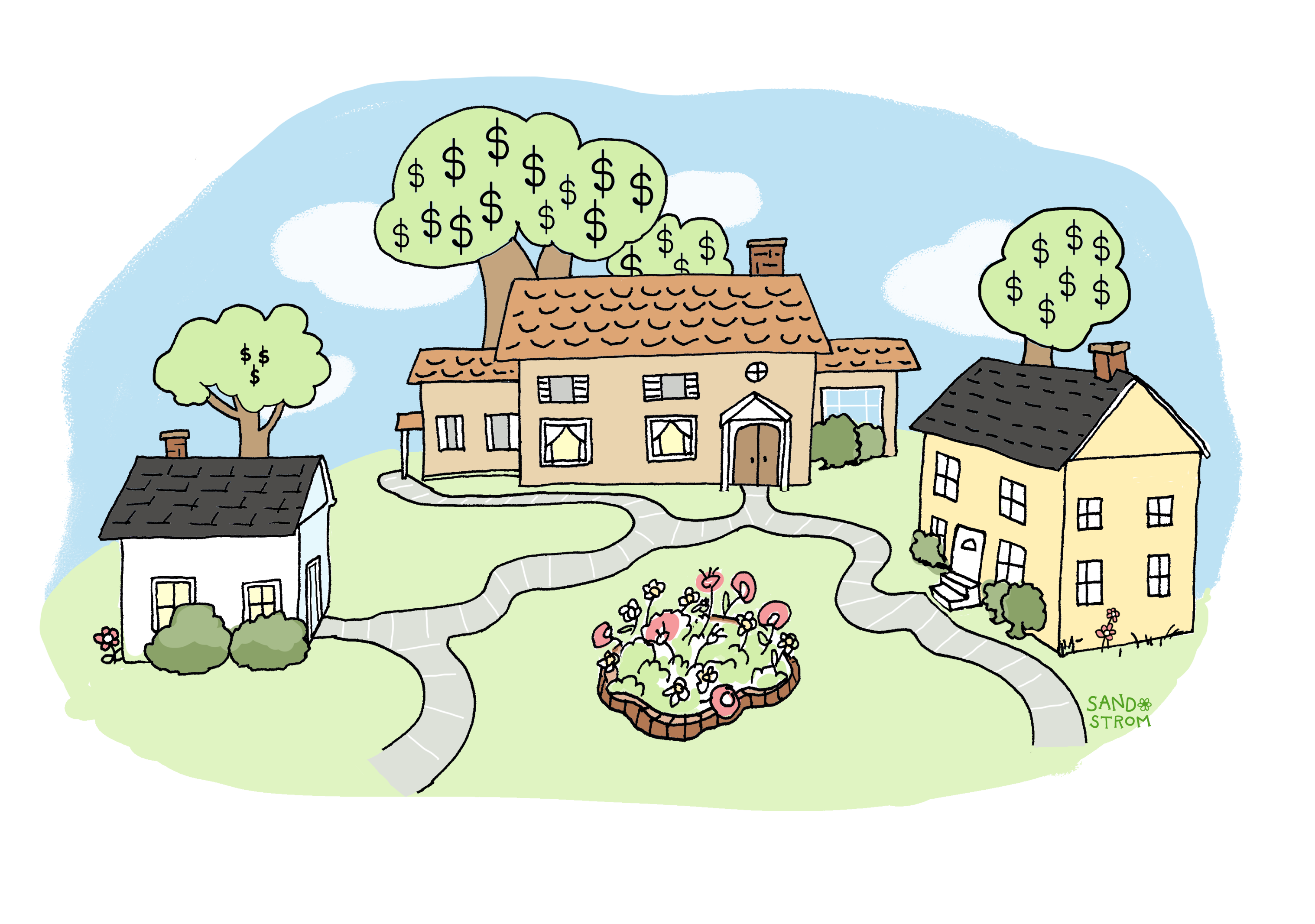 A charming hand-drawn scene of a quiet suburban street with small, cheerful houses in a row. In front of each house is a tree with plump money bags hanging from its branches like fruit. The homes are cozy and varied—some with porches, some with flower boxes—surrounded by green grass and blue skies.