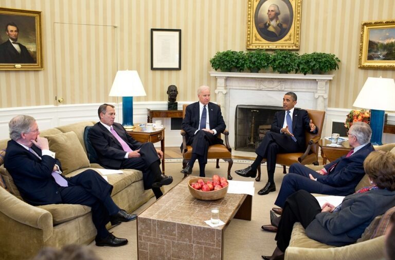 Dec. 28, 2012 "After returning early from his Christmas vacation, the President with the Vice President meets in the Oval Office with the leadership of Congress to discuss the fiscal cliff." (Official White House Photo by Pete Souza)
