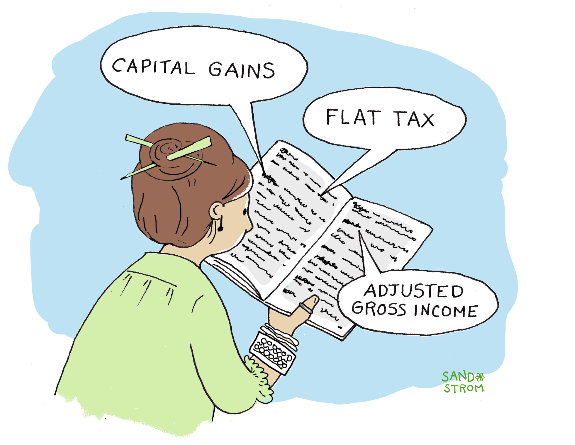 Illustration of a person reading a tax guide, with speech bubbles reading capital gains, flat tax, and adjusted gross income