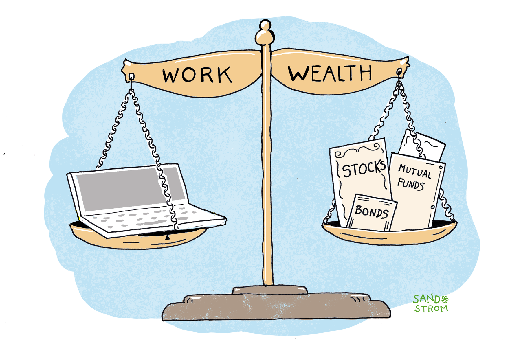 Illustration of a golden balance scale labeled “WORK” on the left and “WEALTH” on the right. The “WORK” side holds a laptop, while the “WEALTH” side holds papers labeled “STOCKS” and “BONDS
