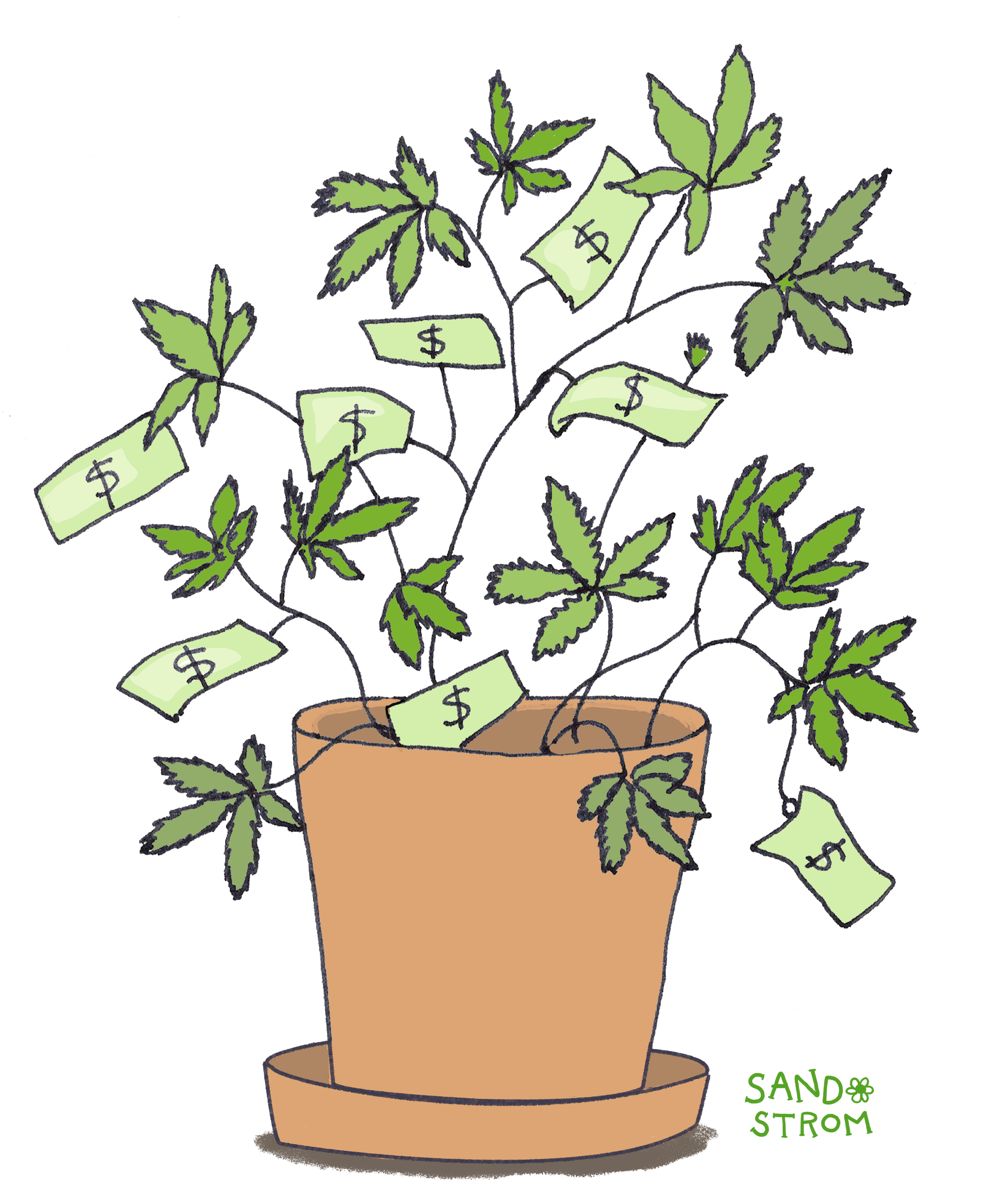 Illustration of a cannabis plant with some of its leaves replaced by dollar bills, symbolizing tax revenue generated from legal cannabis sales.
