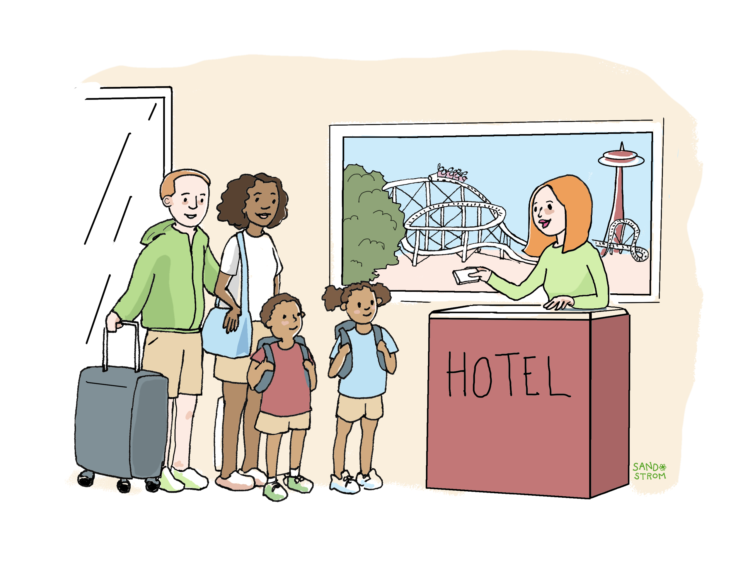 Family checking into a hotel while visiting an amusement park destination, illustrating how tourism taxes are paid by visitors staying in hotels.