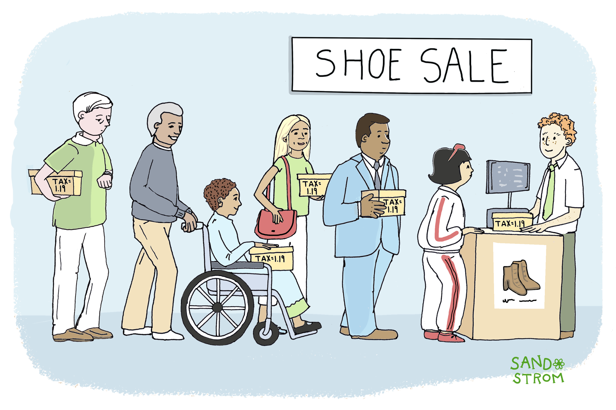 Illustration of shoppers paying sales tax at a shoe store, showing how sales taxes are paid by everyone, including undocumented immigrants.