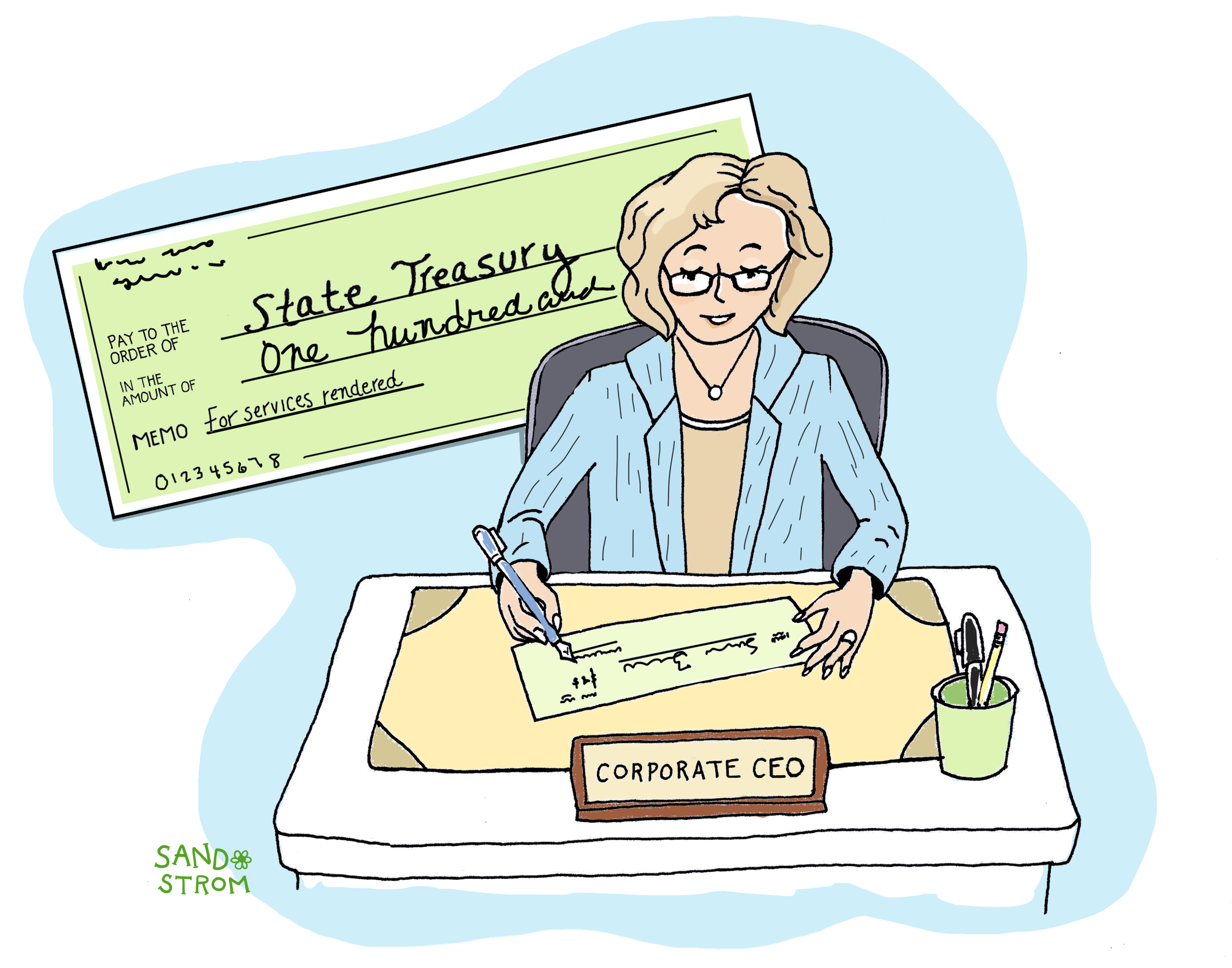 illustration of a corporate CEO writing a check to the state treasury for public services the corporation benefits from.