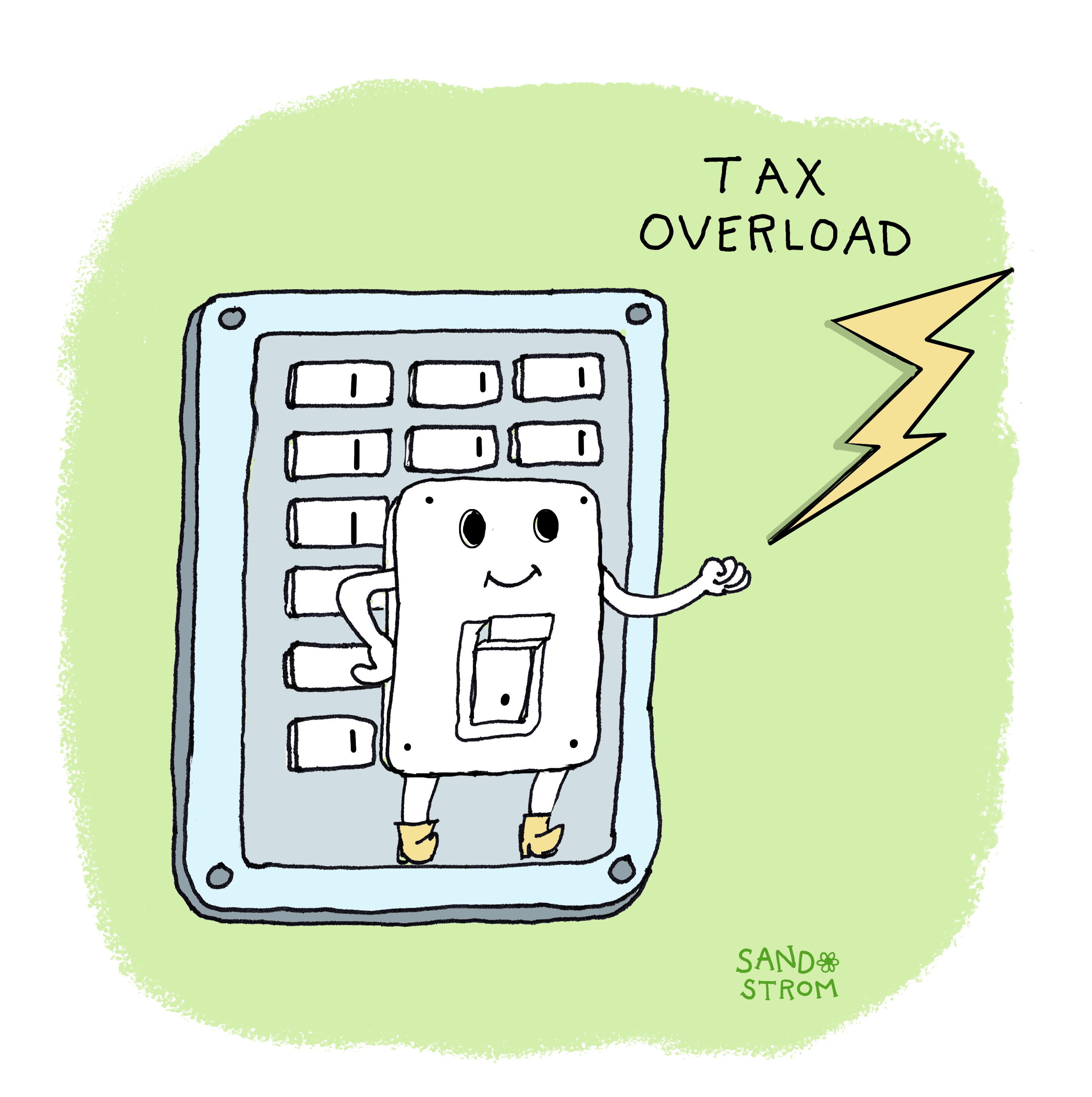 A cheerful, circuit breaker with a smiling face stands inside an electrical panel. The breaker is flipping its own switch to block a large yellow lightning bolt labeled TAX OVERLOAD.
