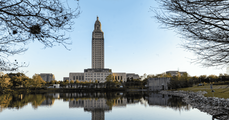 Image of Louisiana State Capitol with lake.