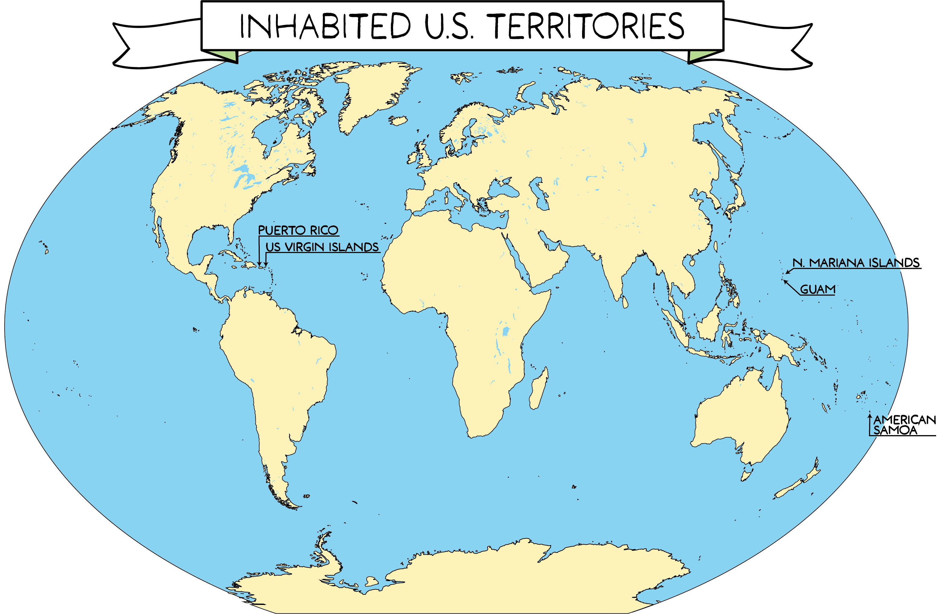 World map with five US Territories labeled: Puerto Rico, Virgin Islands, Guam, Northern Mariana Islands and American Samoa