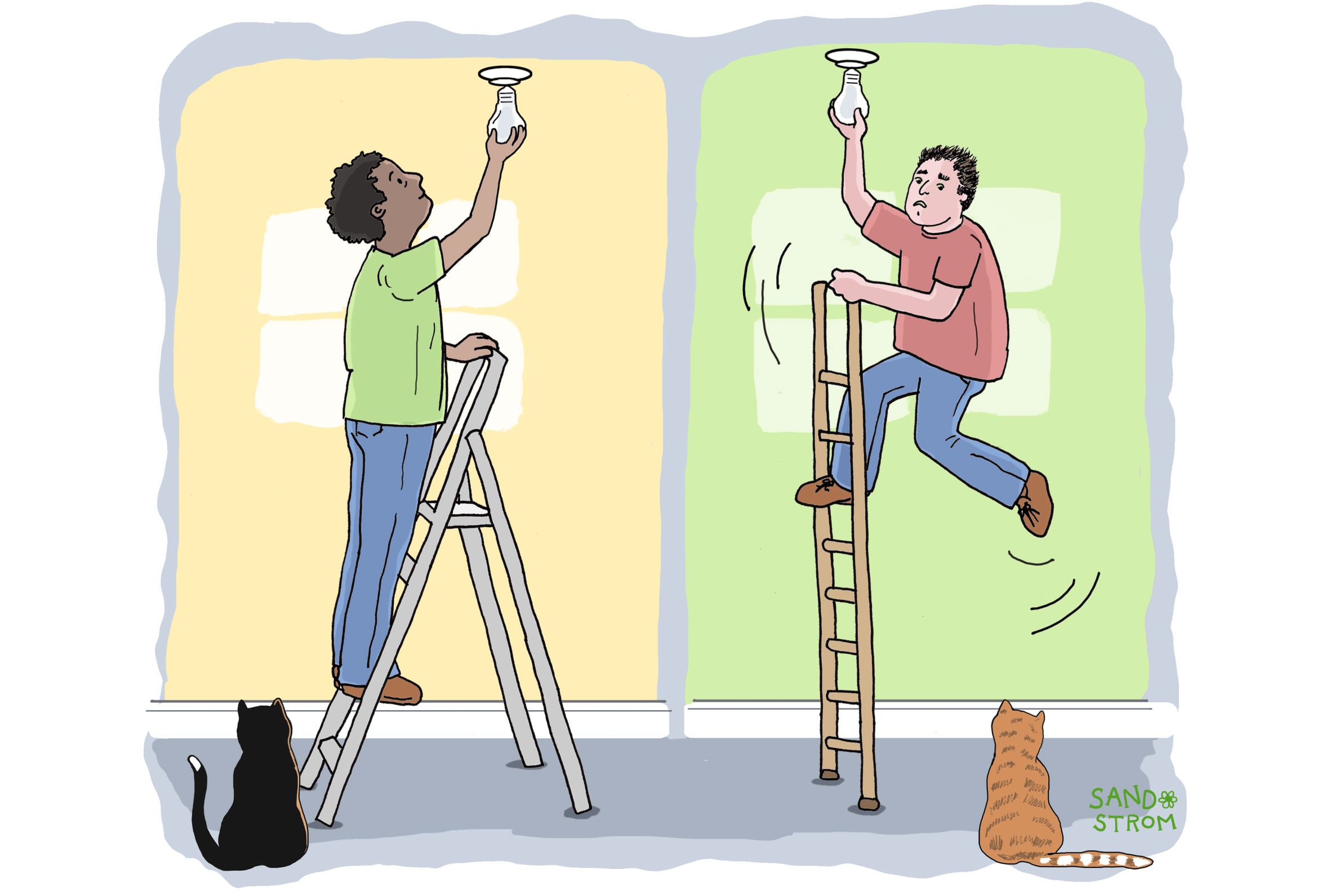 Two ladders illustrating tax base stability: a wide A-frame ladder representing a broad tax base, and a narrow leaning ladder representing an unstable narrow tax base